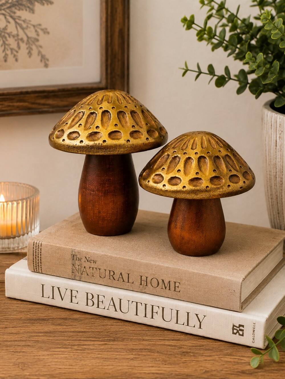 Set of 2 Decorative Mushroom Figurines, Gold Caps & Brown Wood Stems, NWOT